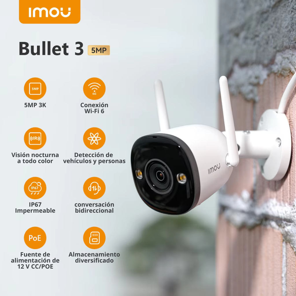 Cámara de Seguridad Tipo Bala IP WiFi 5MP para Exteriores, Visión Nocturna 30m, Detección de Humanos y Vehículos, Disuasión Activa – IMOU Bullet 3 (IPC-S3EN-5M0WE)